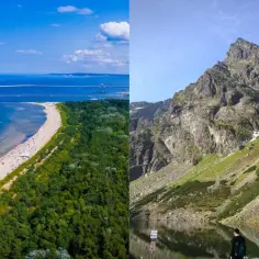 Ośrodek wypoczynkowy panorama: plaża nad morzem i górskie jezioro z Tatrami w tle.