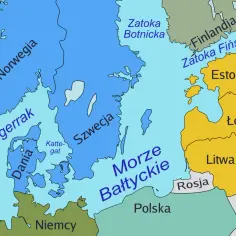Mapa Morza Bałtyckiego z zaznaczonymi krajami: Polska, Niemcy, Dania, Szwecja, Norwegia, Finlandia, Estonia, Łotwa, Litwa i Rosja.