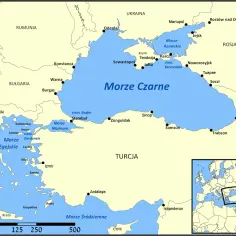 Mapa Morza Czarnego z zaznaczonymi krajami i miastami, w tym Bułgarią.