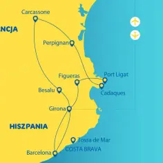 Mapa pokazuje trasę podróży przez Francję i Hiszpanię, w tym wybrzeże Costa Brava. Czy Francja ma dostęp do morza? Tak, mapa to potwierdza.