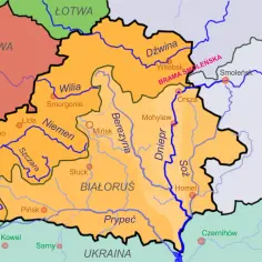 Mapa Białorusi z zaznaczonymi rzekami, miastami i granicami z Polską, Litwą, Łotwą, Rosją i Ukrainą.