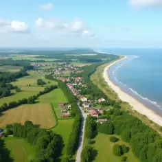 Malownicze Dąbki nad morzem. Widok z lotu ptaka na nadmorską wieś, plażę i pola. Jak dojechać do Dąbek nad morzem?