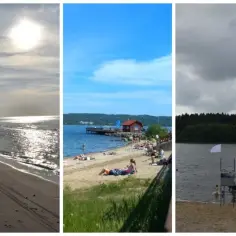 Trzy plaże: słoneczna nad morzem, z pomostem i ludźmi, oraz nad jeziorem. Wejherowo ile do morza? To zależy od wybranej plaży.