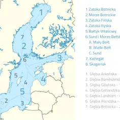 Mapa Morza Bałtyckiego z zaznaczonymi numerami i nazwami akwenów oraz głębokości.