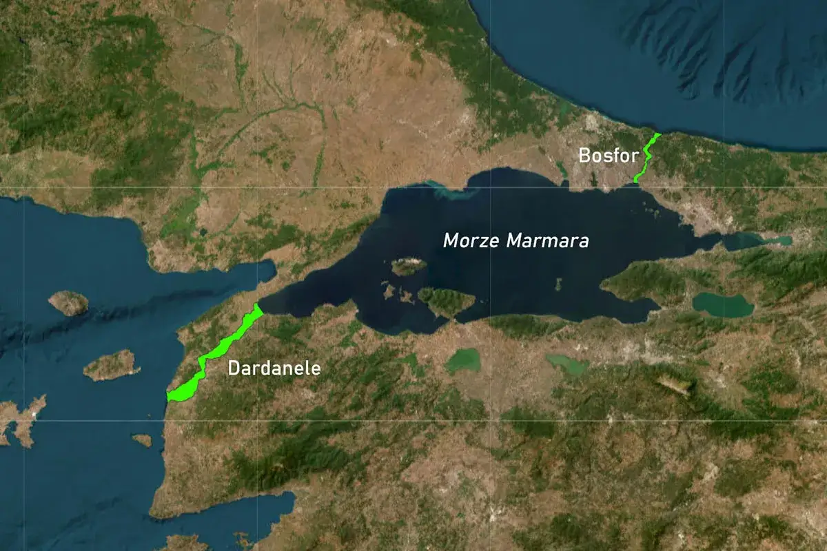 Mapa pokazuje, gdzie leży Morze Marmara, połączone cieśninami Bosfor i Dardanele z Morzem Czarnym i Egejskim.