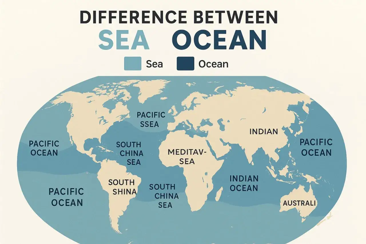 Mapa świata z zaznaczonymi oceanami (niebieski) i morzami (jasnoniebieski). Wyjaśnia, czym się różni morze od oceanu.