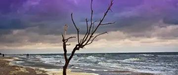 Mroczne chmury nad wzburzonym morzem, gdzie fale rozbijają się o brzeg. Czy to ocean? Zastanawiamy się, czym się różni morze od oceanu.